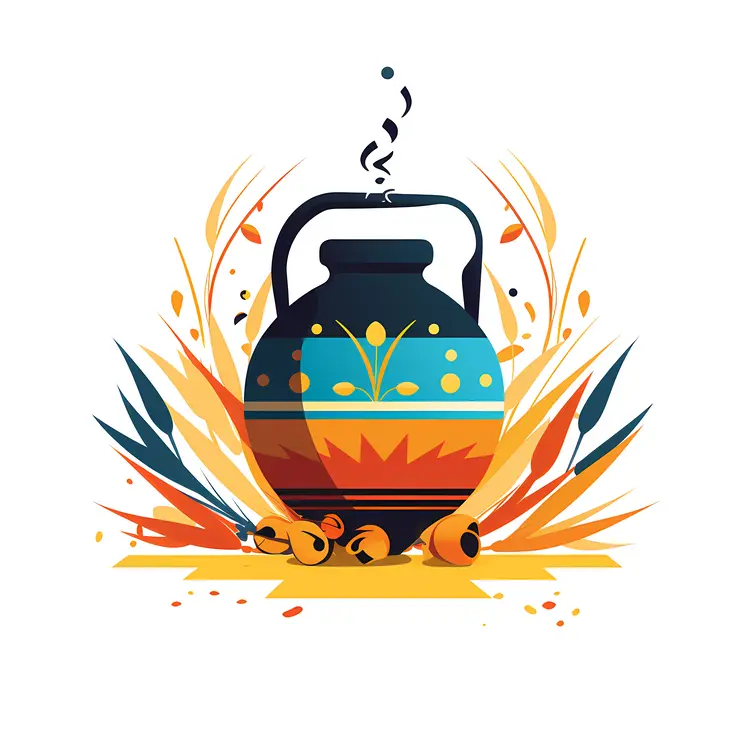 Colorful Decorative Pot with Leaves and Flames