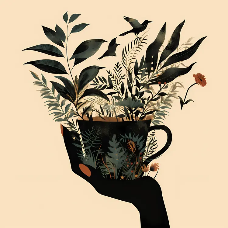 Hand Holding Cup with Plants and Birds Illustration