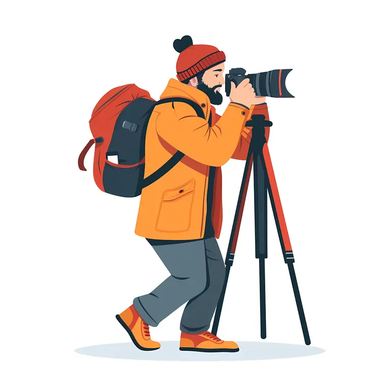 Photographer in Yellow Jacket Using Tripod