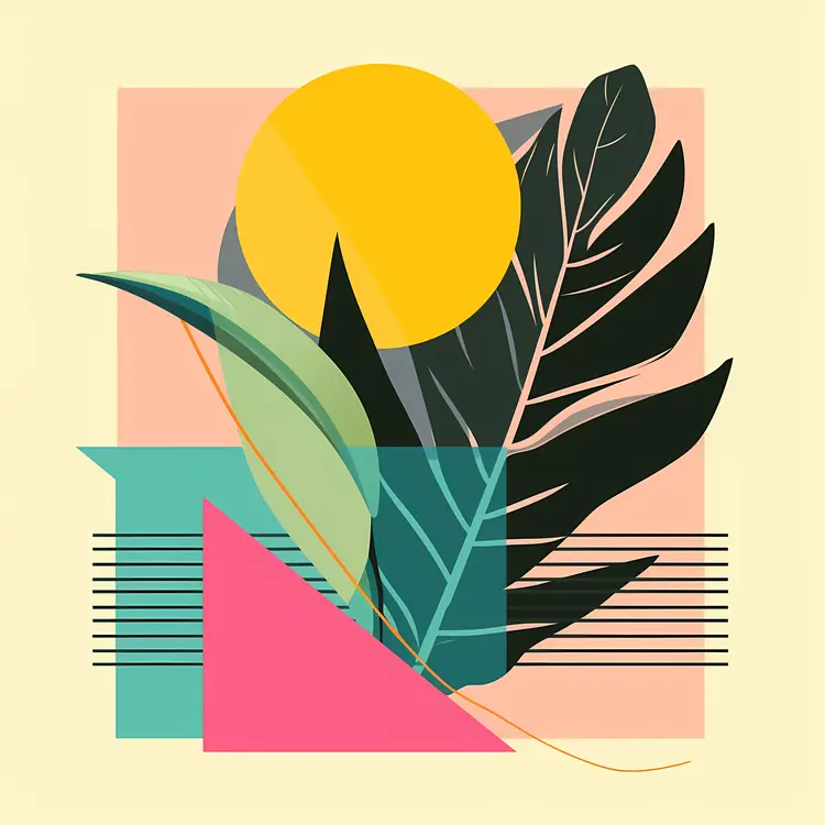 Abstract Plant with Geometric Shapes and Yellow Circle