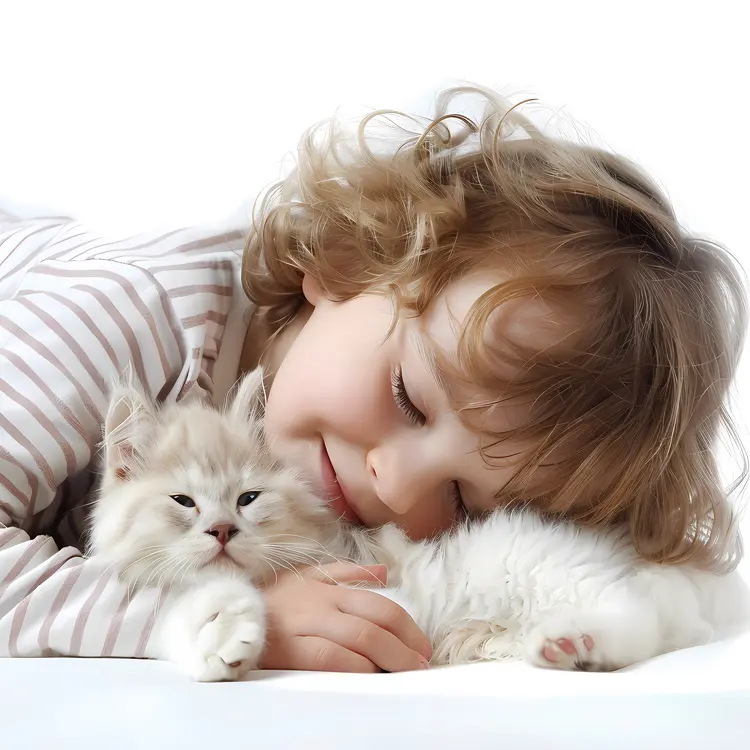 Photograph of Child Hugging Kitten