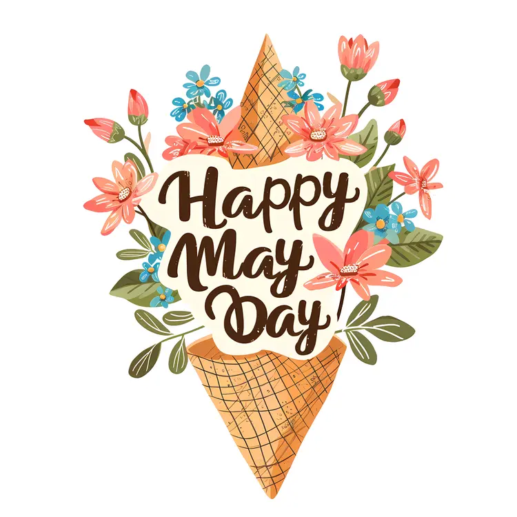 Happy May Day Greeting with Floral Arrangement in Cone