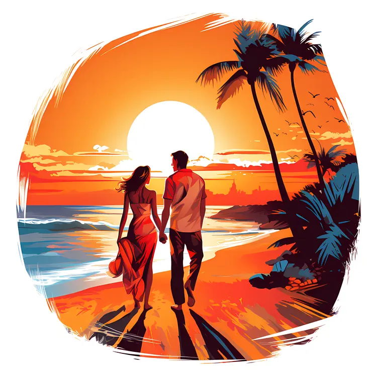 Couple Walking on Beach at Sunset
