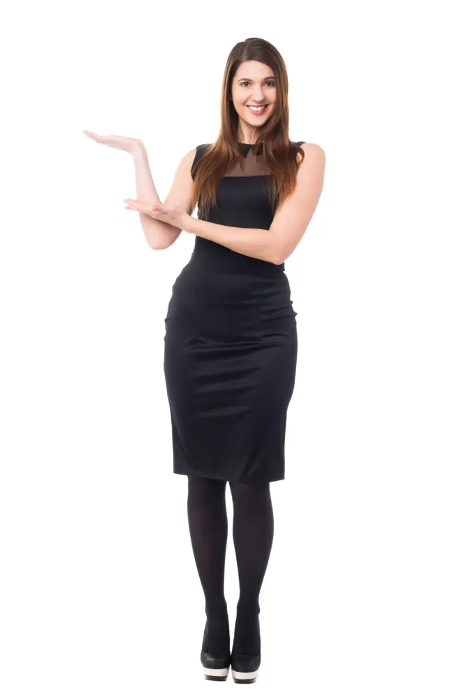 Smiling Woman Presenting in Black Dress