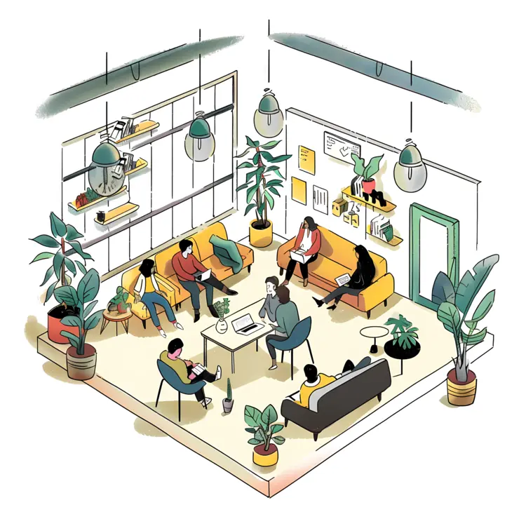 Modern Coworking Space with People and Plants