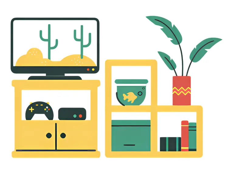 Living Room Entertainment Center with TV and Plants