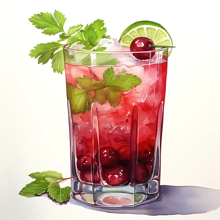 Red Cocktail with Lime and Mint Illustration
