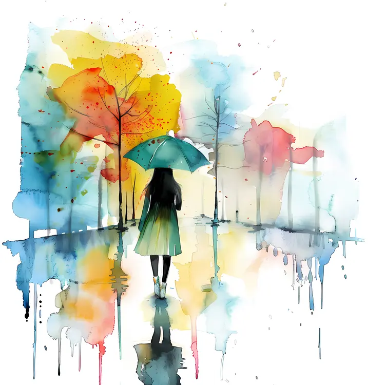 Person Walking with Green Umbrella in Rainy Forest