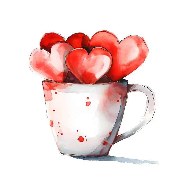 Watercolor Cup with Red Hearts