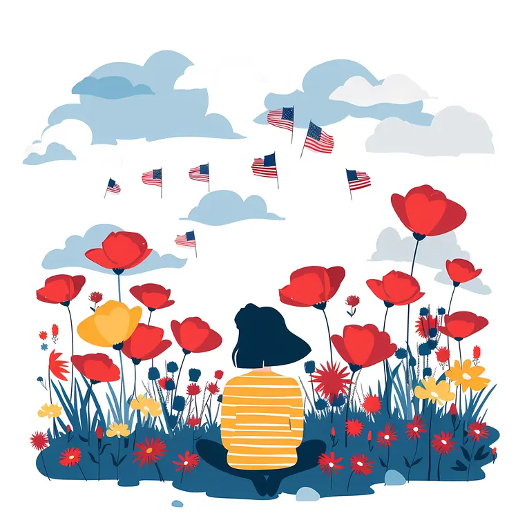 Girl Sitting in Flower Field with American Flags