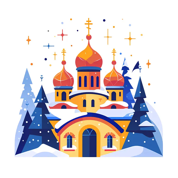 Church with Red Domes and Snow