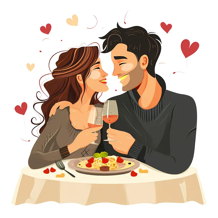 Couple Enjoying a Romantic Dinner with Hearts
