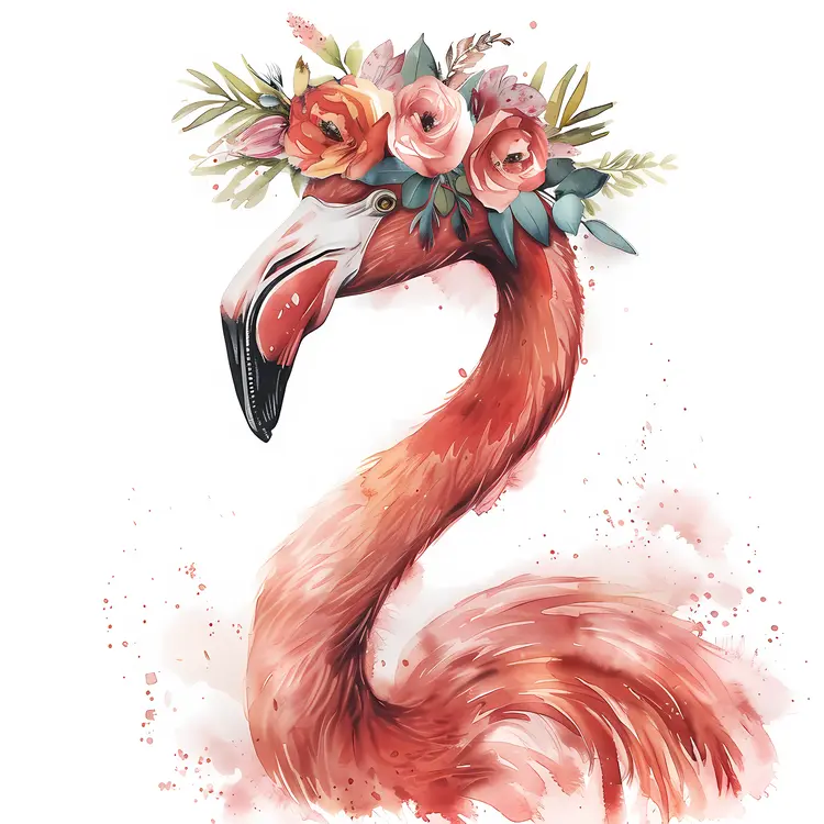Elegant Flamingo with Floral Headpiece in Watercolor