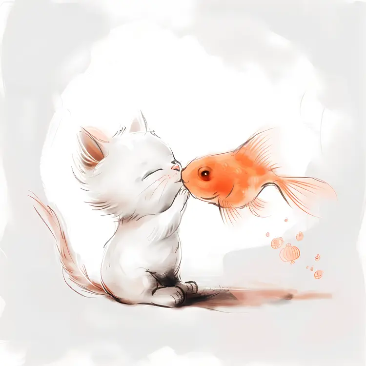 Adorable Kitten Kissing Goldfish