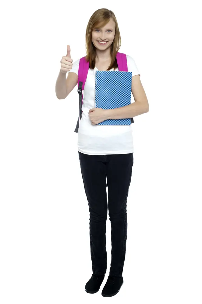 Smiling Student Girl with Backpack and Notebook