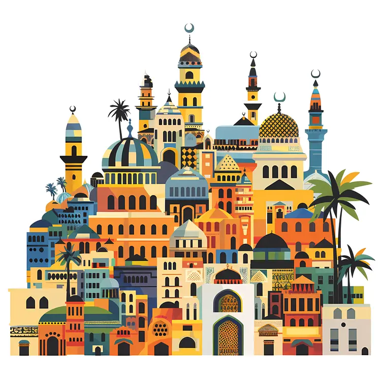 Colorful Mosque Settlement with Domes and Minarets