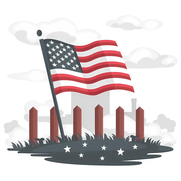 American Flag with Fence and Clouds