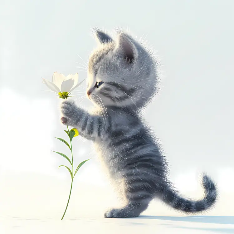 Cute Kitten Holding a White Flower