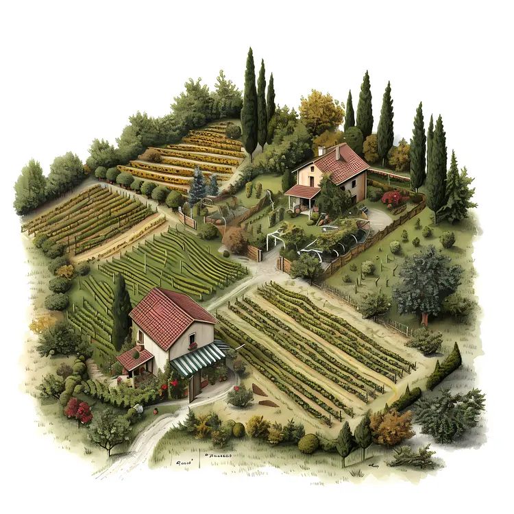 Vineyard with Small Houses and Trees