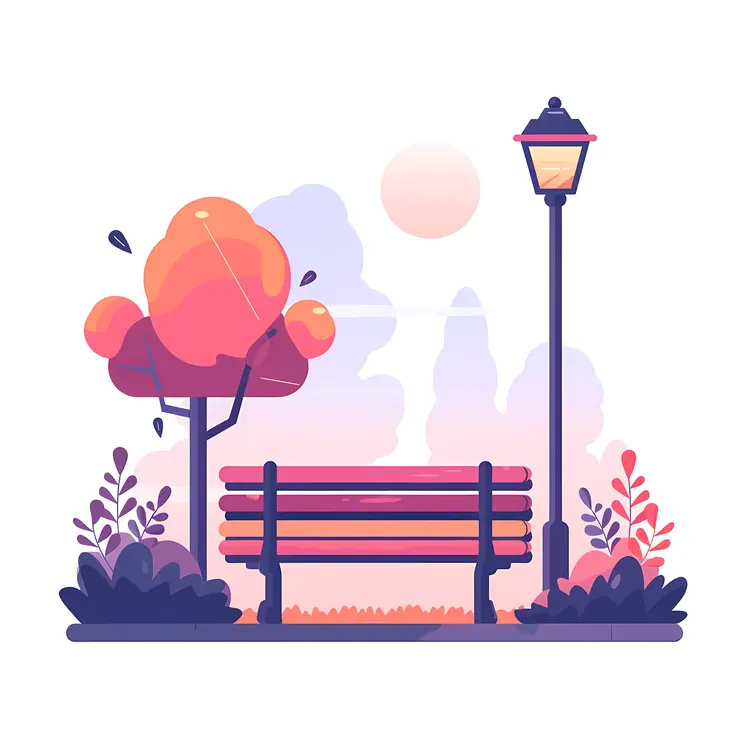 Park Bench with Lamp Post and Tree