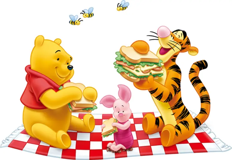 Yellow Bear, Pink Piglet, and Orange Tiger Having a Picnic