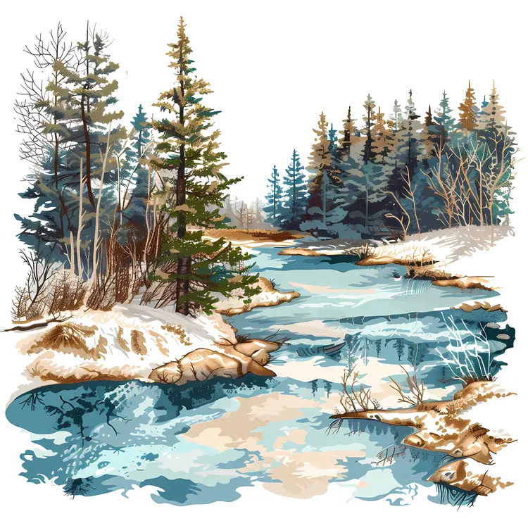 Winter River and Trees Landscape