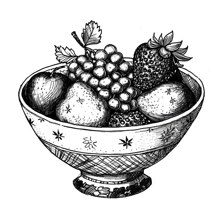 Black and White Fruit Bowl with Strawberry and Apple