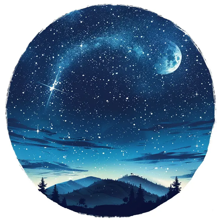 Starry Night Sky with Moon and Mountains