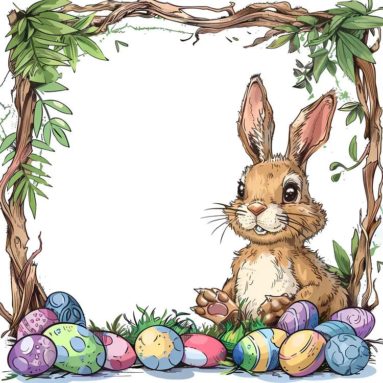 Easter Bunny with Colorful Eggs and Leaves