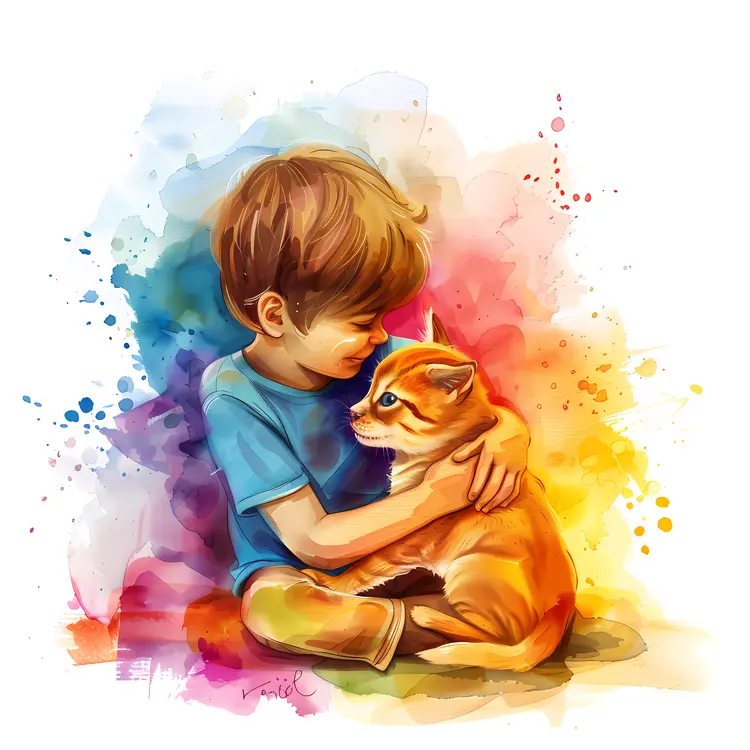 Watercolor Art of Child Hugging Kitten