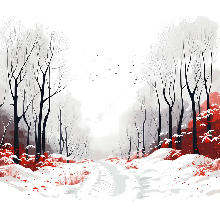 Snowy Forest with Red Foliage