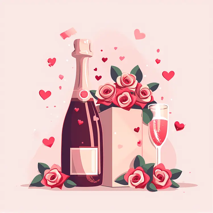 Champagne Bottle with Roses and Hearts for Romance