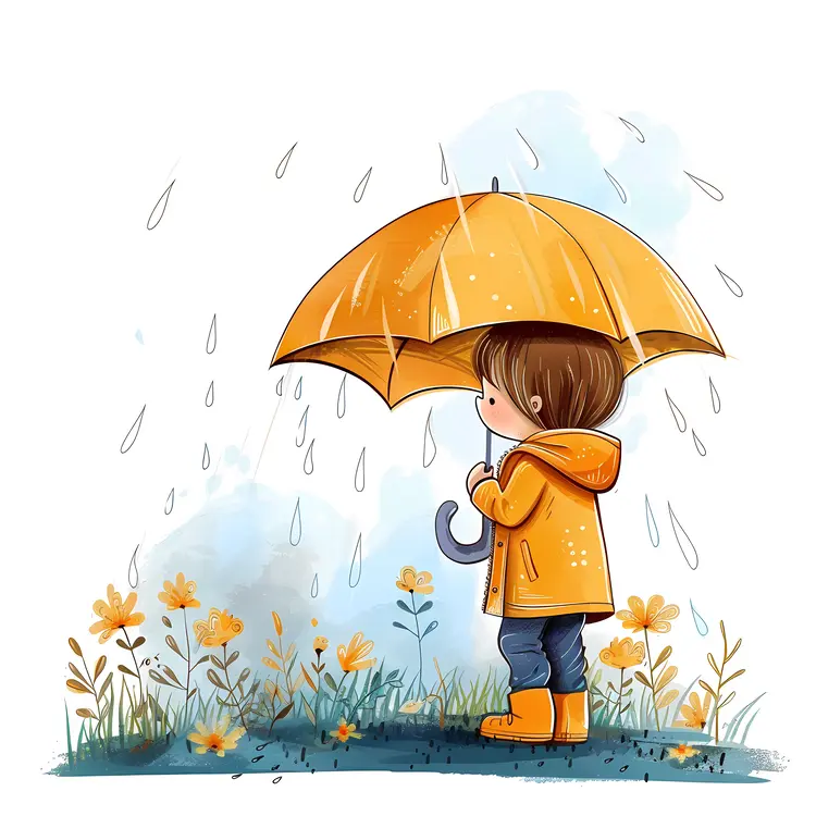 Child with Yellow Umbrella in the Rain