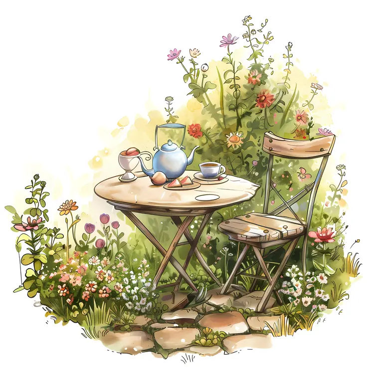 Garden Table with Teapot and Flowers