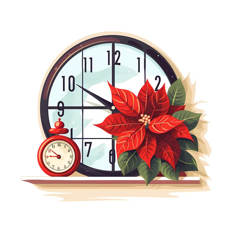 Poinsettia and Clock by the Window