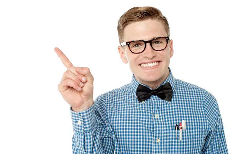 Man in Checkered Shirt Pointing Up