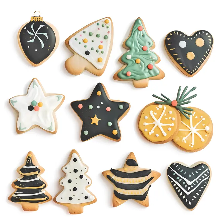 Assorted Christmas Cookies with Black Icing