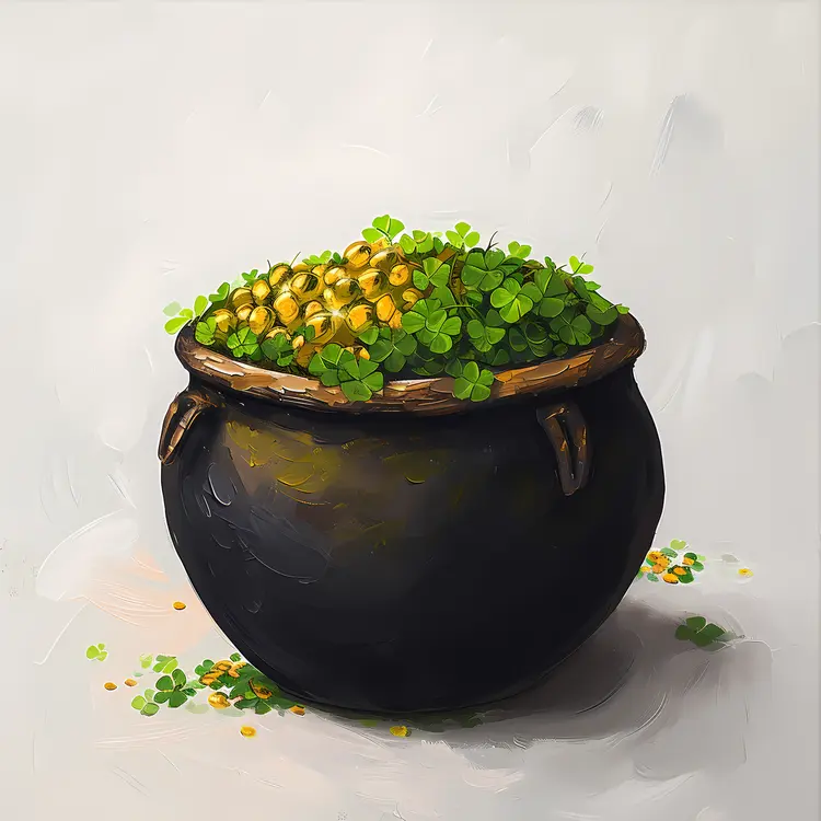 Pot of Gold Coins with Clovers for St. Patrick's Day