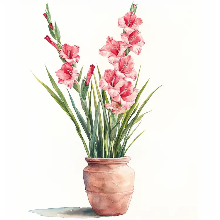 Pink Gladiolus Flowers in Terracotta Vase