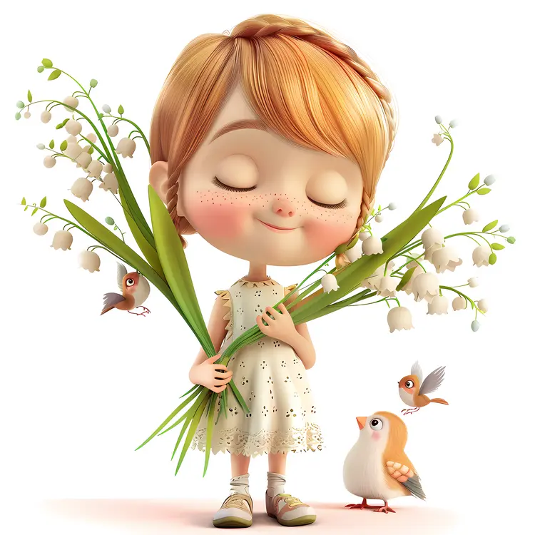 Cute Girl Holding Flowers with Birds