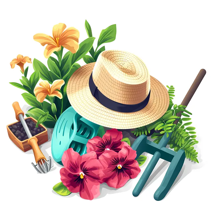 Gardening Tools and Hat with Lilies and Hibiscus