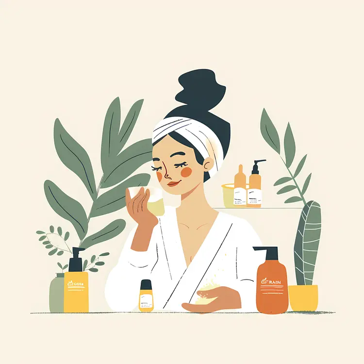 Woman Enjoying Skincare Routine with Plants