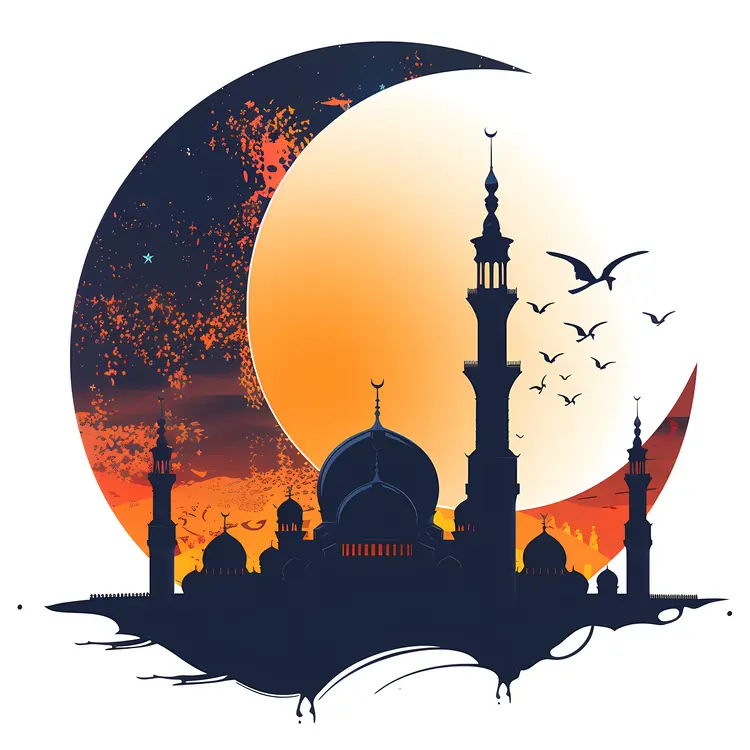 Silhouette of Mosque with Crescent Moon and Sunset