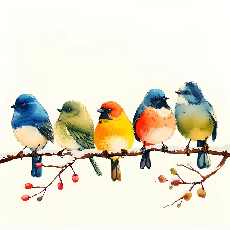 Five Colorful Birds on a Branch
