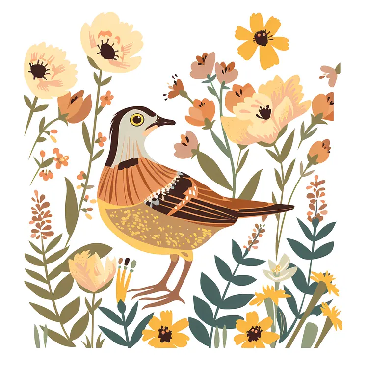 Colorful Bird Among Flowers and Leaves