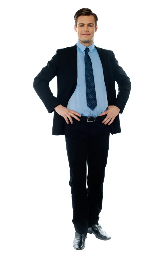 Confident Man in Business Suit with Hands on Hips