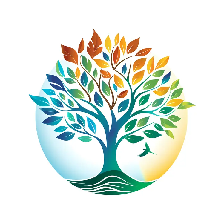Colorful Tree with Leaves and Bird