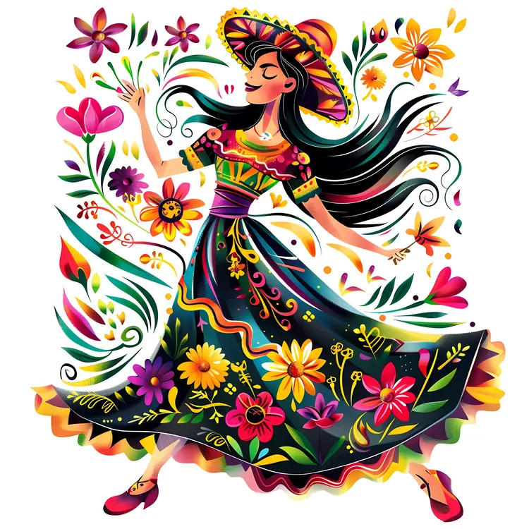 Colorful Woman in Floral Dress Illustration