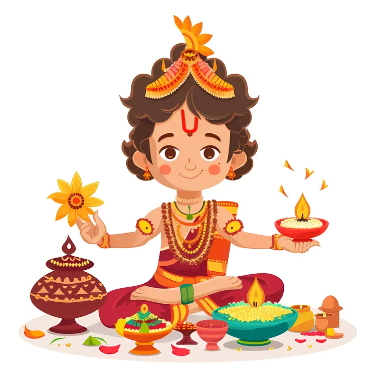 Boy with Diyas and Traditional Attire