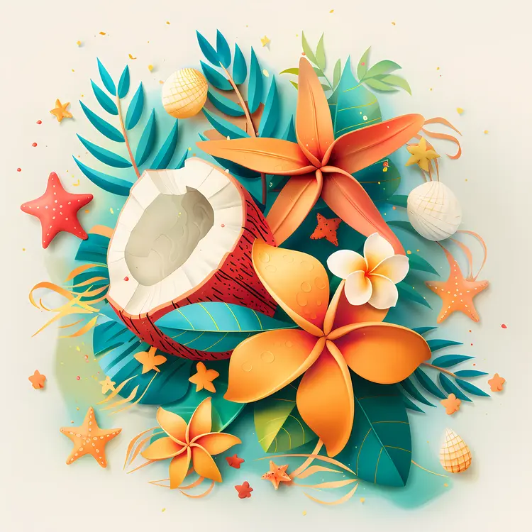 Tropical Coconut and Flowers Illustration